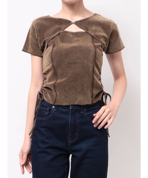 MURUA（ムルーア）の「シアーベロアデザイントップス（Tシャツ/カットソー・レディース・ブラック/ブルー/ブラウン・F）」の2枚目の写真