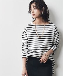 CHIC STYLE | 大きいサイズ綿100％ボーダーボートネックカットソープルオーバーシックスタイル(Tシャツ/カットソー)