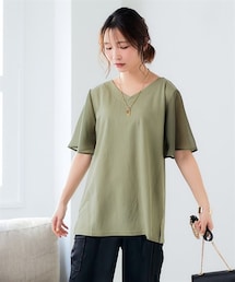 nissen | ＜大きいサイズ＞美ラクRUタッチ袖シフォン使い浅Vネックトップス（接触冷感・UVカット）(Tシャツ/カットソー)