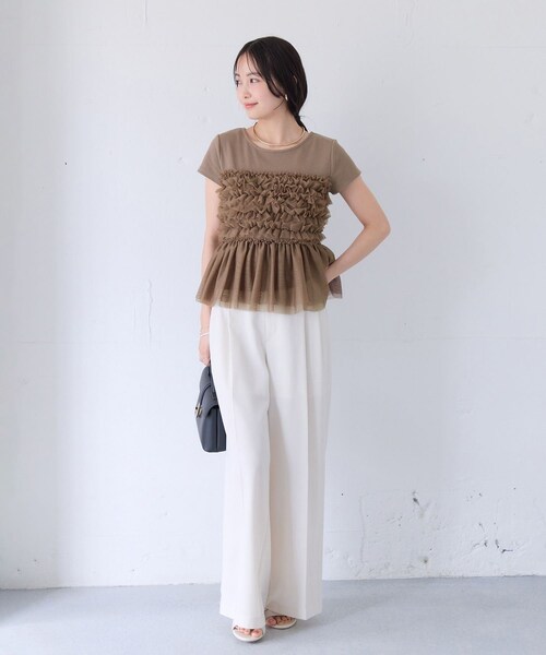 VIS（ビス）の「【夏トク価格】チュールフリルドッキングフレンチスリーブ/UVケア（Tシャツ/カットソー・レディース・チャコール/オフホワイト/ブラウン系・F）」の16枚目の写真