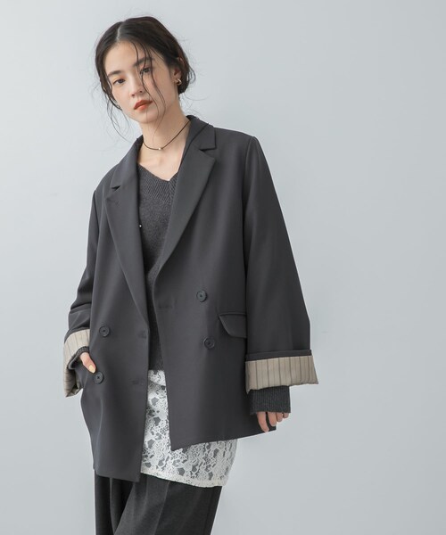 SENSE OF PLACE by URBAN RESEARCH（センスオブプレイスバイアーバンリサーチ）の「ワイドスリーブオーバージャケット（テーラードジャケット・レディース・CHARCOAL/IVORY/BEIGE・One）」の2枚目の写真