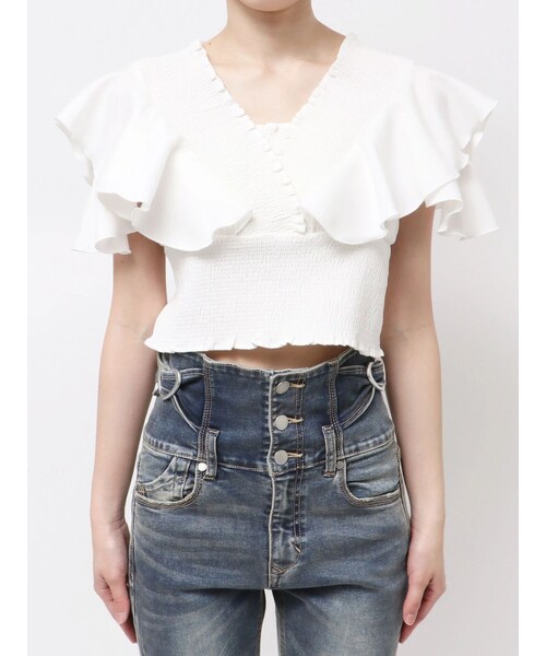 EMODA（エモダ）の「RUFFLE SLEEVE SHIRRING TOP（Tシャツ/カットソー・レディース・ホワイト/グレー/ブラック/ピンク/ブルー・F）」の13枚目の写真