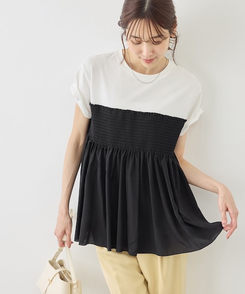 ROPE' PICNIC(ロペピクニック)の「【ベストヒット】シャーリングドッキングハーフスリーブカットソー(Tシャツ/カットソー・レディース・ブラック/ブラック系/ホワイト系/ベージュ・F)」の2枚目の写真
