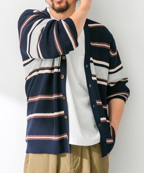 URBAN RESEARCH Sonny Label（アーバンリサーチサニーレーベル）の「マルチボーダーニットカーディガン（カーディガン/ボレロ・メンズ・ネイビー/オフ/イエロー・M/L）」の5枚目の写真