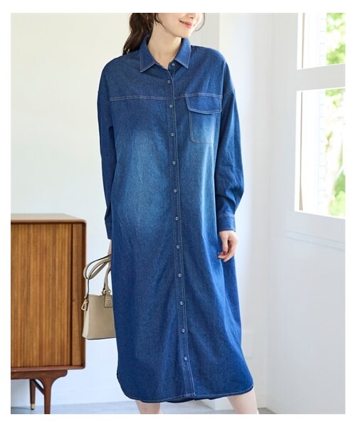 nissen（ニッセン）の「大きいサイズ 羽織にもなるデニムシャツワンピース（ワンピース・レディース・ライトブルー/インディゴブルー・L/LL/3L/4L/5L/6L/8L/10L）」の4枚目の写真