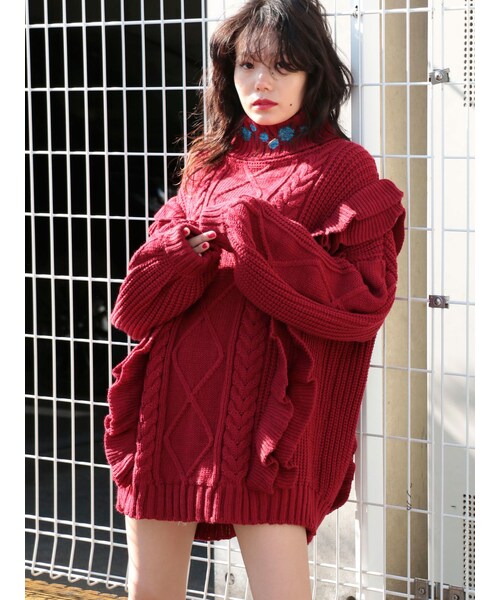 ジュエティ　赤ニット セール】ダメージケーブルニット（ニット/セーター）｜jouetie