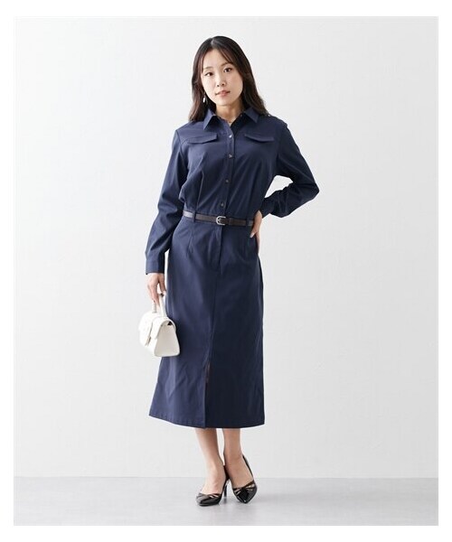 nissen（ニッセン）の「【大きい胸専用】サファリ長袖タイトワンピース（ベルト付、ポケット付）（ワンピース・レディース・ネイビー/ベージュ・FM/FL/FLL/F3L）」の6枚目の写真