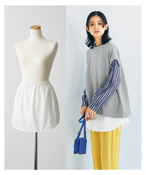 nissen（ニッセン）の「ヒップカバーができる便利なつけ裾（チュニック・レディース・オフホワイト/黒×白(ギンガムチェック)/ブルー(シャツ風)/オフホワイト(レース)/ピンク(チュール)/赤×黒(ストライプ)/ネイビー系ストライプ(シャツ風)/グリーン系チェック(シャツ風)/黒(Tシャツ風)/グレー系チェック柄(アシメシャツ風)/黒(レース)/オフホワイト(シャツ風)/モノトーン系ストライプ(シャツ風)/オフホワイト(プリーツ)・L/LL/3L/4L/5L/6L/8L/10L/S/M）」の17枚目の写真