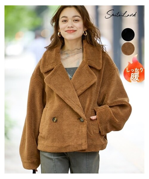 nissen（ニッセン）の「大きいサイズ もこもこボアビッグテーラードショートコート（ピーコート・レディース・モカベージュ/黒・L/LL/3L/4L/5L/6L/8L/10L）」の2枚目の写真