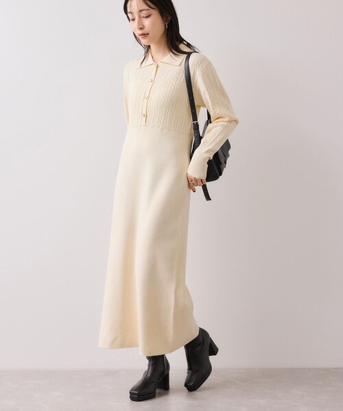 VIS（ビス）の「ポロケーブルモチモチニットワンピース（ワンピース・レディース・オフホワイト/ベージュ系/ネイビー・F）」の2枚目の写真