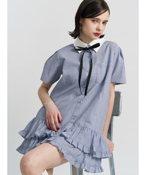 jouetie(ジュエティ)の「リボンタイヘムフリルチュニックシャツ(シャツワンピース・レディース・オフホワイト/ブルー・M)」の4枚目の写真