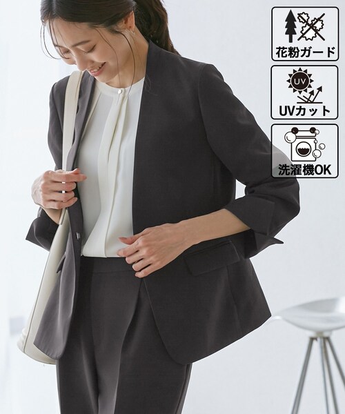 ROPE' PICNIC（ロペピクニック）の「360°ウルトラストレッチ ノーカラージャケット/UVカット・花粉ガード・セットアップ対応（ノーカラージャケット・レディース・ブラック/グレー系/キャメル系/ネイビー・34/36/38/40/42）」の14枚目の写真