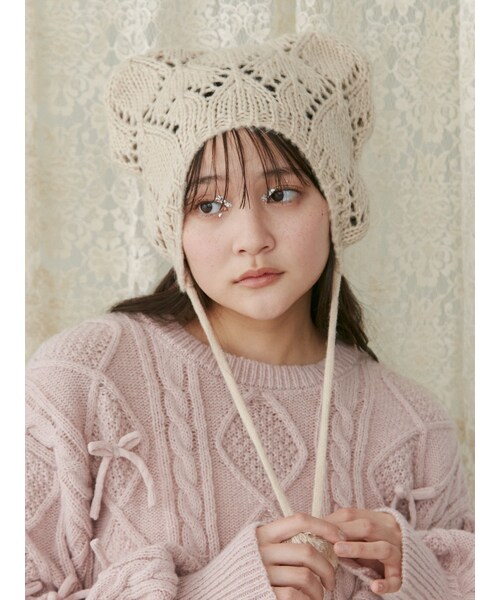 merry jenny（メリージェニー）の「animalポンポンニットcap（ニットキャップ/ビーニー・レディース・チャコールグレー/ピンク/ベージュ・F）」の6枚目の写真