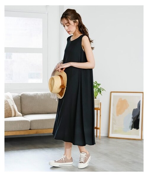 nissen（ニッセン）の「大きいサイズ　涼しいサラサラカットソー楊柳ノースリーブワンピース（ロング丈）（ワンピース・レディース・ラベンダー/ベイクドオレンジ/黒/モカベージュ/モスカーキ/スティールブルー/インクブルー/ベージュ/サックス/ピーチピンク・L/LL/3L/4L/5L/6L/8L/10L）」の12枚目の写真