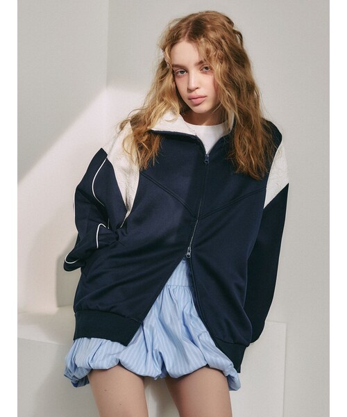 CALNAMUR（カルナムール）の「LACE BLOCKING BIG TRACK BLOUSON/レースブロッキングトラックブルゾン（ブルゾン・レディース・ホワイト/ネイビー・F）」の8枚目の写真