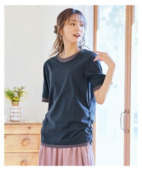 nissen（ニッセン）の「＜大きいサイズ＞綿100%汗じみしにくい重ね着風5分袖Tシャツ（Tシャツ/カットソー・レディース・ネイビー×チャコール/黒×オフホワイト/オフホワイト×チャコール/パープル×オフホワイト・L/LL/3L/4L/5L/6L/8L/10L）」の19枚目の写真
