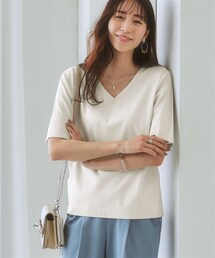 nissen | 綿１００％ダブルフロントカットソー深Vネック５分袖トップス(Tシャツ/カットソー)