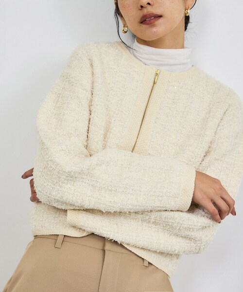 ROPE'（ロペ）の「ツイードZIPノーカラーカーディガン/イージーケア（カーディガン/ボレロ・レディース・ブラウン/キナリ/ブラウン系・F）」の2枚目の写真