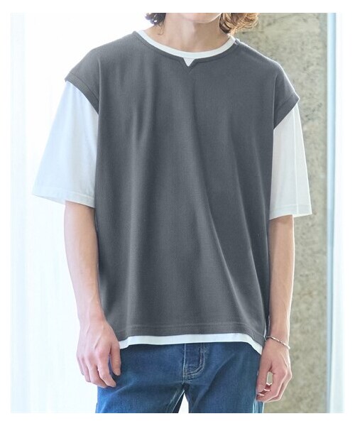 nissen（ニッセン）の「オーバーサイズ重ね着風デザインTシャツ【大きいサイズ有】（Tシャツ/カットソー・メンズ・チャコール系/モカベージュ系・M/L/LL/3L/4L/5L/6L/8L/10L）」の6枚目の写真
