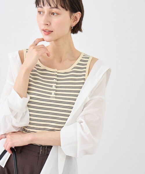 ROPE' PICNIC（ロペピクニック）の「マルチボーダーヘンリーネックタンクトップ（タンクトップ・レディース・キナリ系/ブラウン/サックス・F）」の7枚目の写真