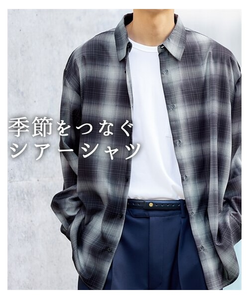 nissen（ニッセン）の「オーバーサイズシアーチェック長袖シャツ【大きいサイズ有】（シャツ/ブラウス・メンズ・グレー系/黒系・M/L/LL/3L/4L/5L/6L/8L/10L）」の2枚目の写真