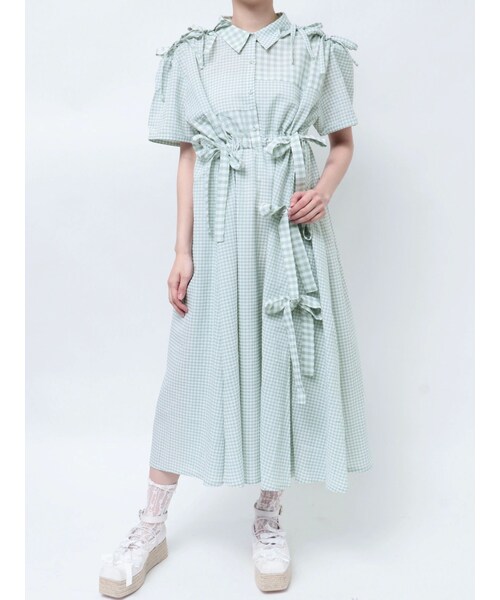 merry jenny（メリージェニー）の「ギンガムチェックリボンドロストワンピース（シャツワンピース・レディース・グレー/ピンク/ブルー/ベージュ/ミックス/グリーン・F）」の4枚目の写真