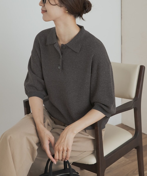 URBAN RESEARCH DOORS（アーバンリサーチドアーズ）の「ニットポロシャツ（ポロシャツ・レディース・BLACK/CHARCOAL/Y.KHAKI・M）」の2枚目の写真