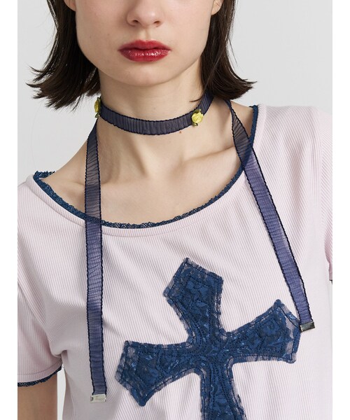 jouetie（ジュエティ）の「ローズレースリボンチョーカー（ネックレス・レディース・オフホワイト/ピンク/ネイビー・F）」の4枚目の写真