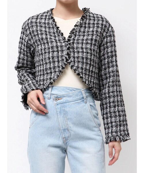LAGUNAMOON（ラグナムーン）の「テープヤーンツイードジャケット（ノーカラージャケット・レディース・アイボリー/ブラック・F）」の3枚目の写真
