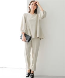 nissen | 【レディーススーツ】ダンボールニット素材ブラウスセットアップスーツ（９分袖ブラウス＋テーパードパンツ）(フォーマルスーツ/小物)