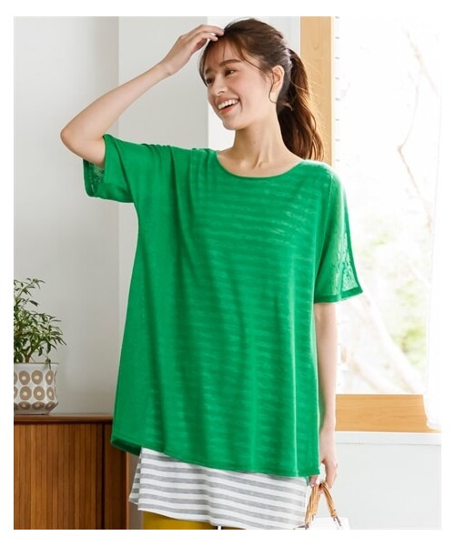 nissen（ニッセン）の「大きいサイズ　涼やかカットソースラブバックリボン重ね着風チュニック（チュニック・レディース・コーラル×ネイビー系ギンガム/ロイヤルグリーン×杢グレー系ボーダー/アシッドブルー×杢グレー系ボーダー/黒×ネイビー系ギンガム/ベージュ×ネイビー系ギンガム・L/LL/3L/4L/5L/6L/8L/10L）」の22枚目の写真