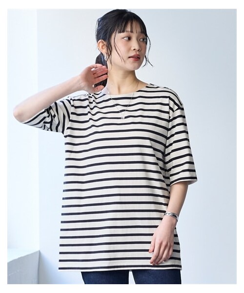 nissen（ニッセン）の「綿100％素材ルーズシルエットボーダーやわらかバスク５分袖Ｔシャツ＜大きいサイズ有＞（Tシャツ/カットソー・レディース・グレイッシュブルー×オフホワイト/オフホワイト×ネイビー/コーラルレッド×オフホワイト/ベージュ×オフホワイト/チャコールブラウン×オフホワイト/オフホワイト×グリーン/イエロー×オフホワイト/オフホワイト×ピンク/オフホワイト×ライムイエロー・L/LL/3L/4L/5L/6L/8L/10L/S/M）」の20枚目の写真