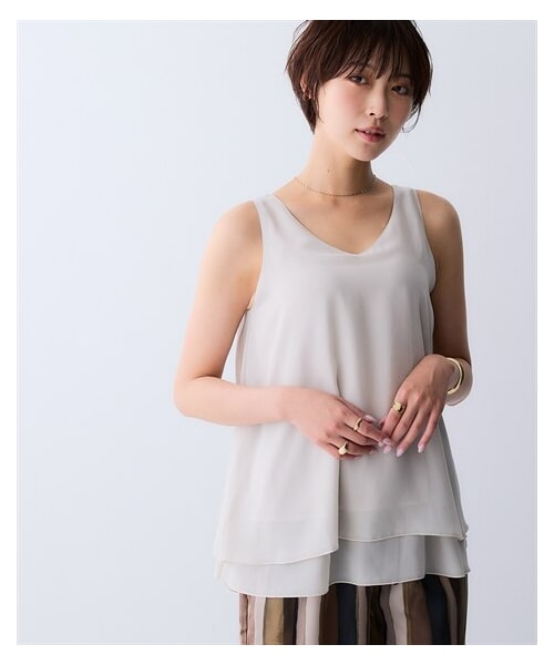 nissen（ニッセン）の「シフォンティアードノースリーブブラウス＜大きいサイズ有＞（キャミソール・レディース・オフベージュ/ブラウン/黒×オフホワイト・M/L/LL/3L/4L/5L）」の19枚目の写真