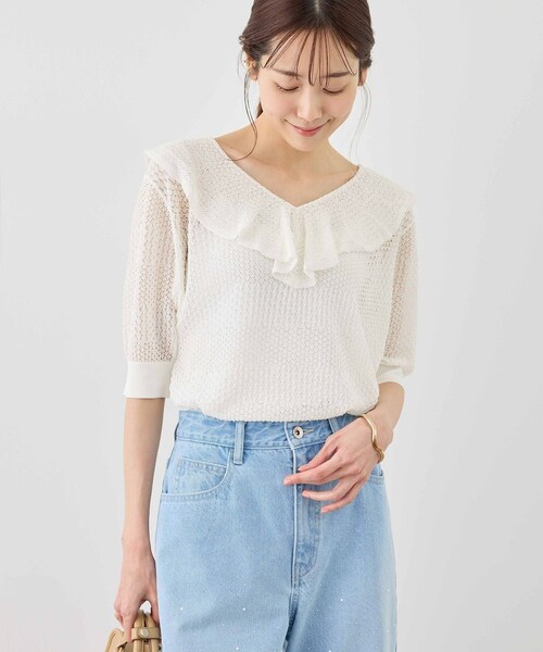 ROPE' PICNIC(ロペピクニック)の「5分袖フリルニット(ニット/セーター・レディース・ブラック/オフホワイト/キナリ/ラベンダー・F)」の21枚目の写真