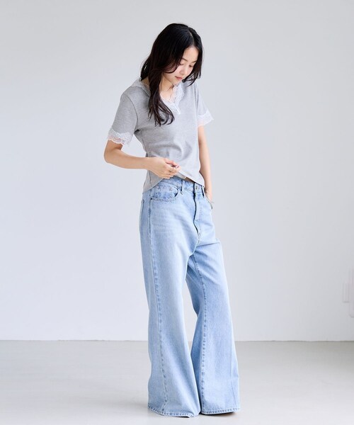VIS（ビス）の「レーストリムVネックTシャツ/汗ジミ加工（Tシャツ/カットソー・レディース・ブラック/ライトグレー/オフホワイト・F）」の5枚目の写真