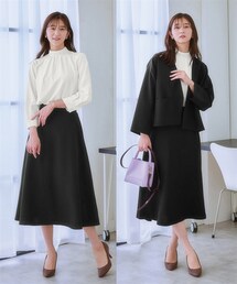 7days Life Styling | 【レディーススーツ】ノーカラージャケット3点セットスーツ（ジャケット+ハイネックブラウス+ロング丈フレアスカート）(スーツセット)