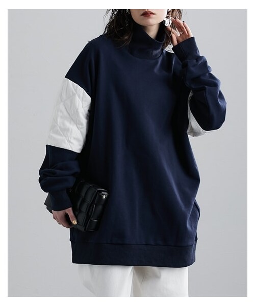 nissen（ニッセン）の「異素材切替スタンドネック裏毛トレーナー ［Soiunique］（スウェット・レディース・杢グレー×ネイビー/ネイビー×オフホワイト・S~M/L~LL）」の2枚目の写真