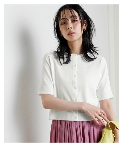 nissen（ニッセン）の「【アイスクリーンプレミアム】クルーネック5分袖ニットカーディガン（持続冷感・接触冷感・毛玉になりにくい・UVカット・洗濯機で洗える・遮熱）＜大きいサイズ有＞（カーディガン/ボレロ・レディース・黒/杢グレー/オフホワイト/スモーキーブルー(終売)/ライムグリーン/ダークグリーン/モカベージュ/ビビットブルー/レモンイエロー/キャメル・S/M/L/LL/3L/4L/5L/6L/8L/10L）」の17枚目の写真