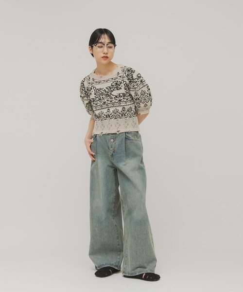 KBF（ケイビーエフ）の「ジャガードハーフスリーブニット（ニット/セーター・レディース・BEIGE/NAVY・One）」の10枚目の写真