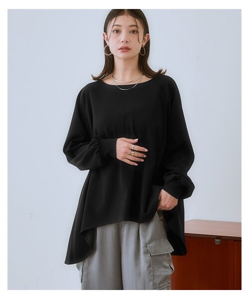 nissen（ニッセン）の「カットジョーゼットラグランスリーブオーバーサイズトップス（Tシャツ/カットソー・レディース・オフホワイト/ダスティブルー/黒・S/M/L/LL/3L/4L/5L/6L）」の15枚目の写真