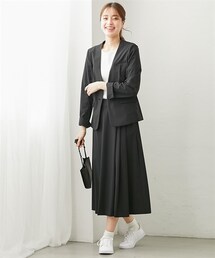 7days Life Styling | 【レディーススーツ】多機能タテヨコストレッチ素材スカートスーツ（ノーカラージャケット＋ミモレ丈サイドタックフレアスカート）(スーツセット)
