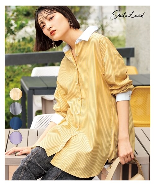 nissen（ニッセン）の「大きいサイズ パール調ボタン配色ゆるシルエットシャツ（シャツ/ブラウス・レディース・ネイビー/ラベンダー/イエローストライプ/オフホワイトストライプ・L~LL相当/3L~4L相当/5L~6L相当/8L相当/10L相当）」の4枚目の写真