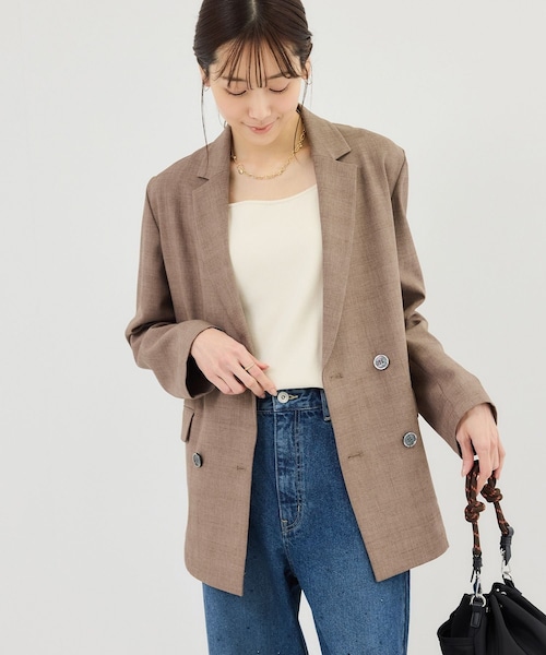 ROPE' PICNIC(ロペピクニック)の「メランジドビーチェックジャケット/セットアップ対応・防シワ・接触冷感(テーラードジャケット・レディース・ダークブラウン/ベージュ・F)」の6枚目の写真
