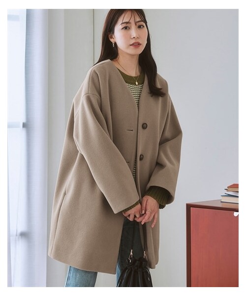 nissen（ニッセン）の「フェイクウールノーカラーコート（ノーカラーコート・レディース・黒/アイボリー/モカブラウン/サックス/ミント/ダスティピンク/グレージュ・S/M/L/LL/【旧】3L/【旧】4L/【旧】5L/【旧】6L/【旧】8L/【旧】10L/3L/4L/5L/6L/8L/10L）」の4枚目の写真