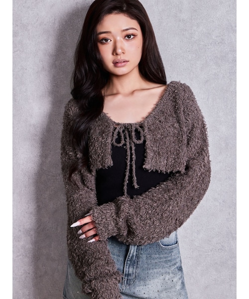 GYDA(ジェイダ)の「パイルシャギーニットショートカーディガン(カーディガン/ボレロ・レディース・アイボリー/チャコールグレー/ピンク・F)」の3枚目の写真