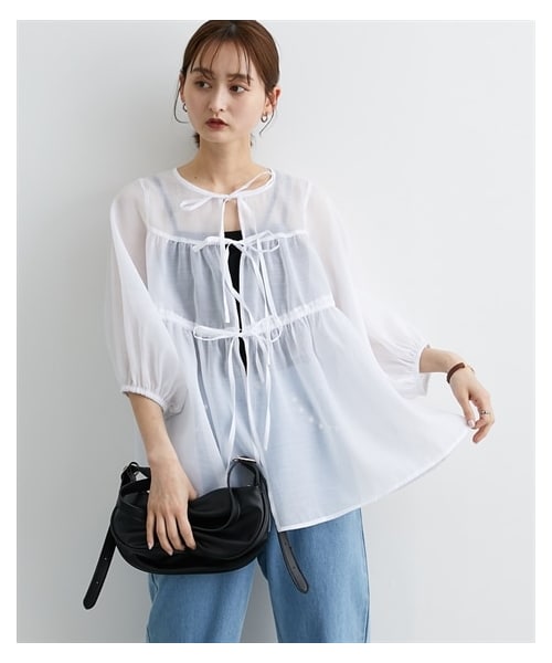 nissen（ニッセン）の「【Be praised】前リボンシアーブラウス（シャツ/ブラウス・レディース・ブラック/オフホワイト・M/L/LL）」の3枚目の写真