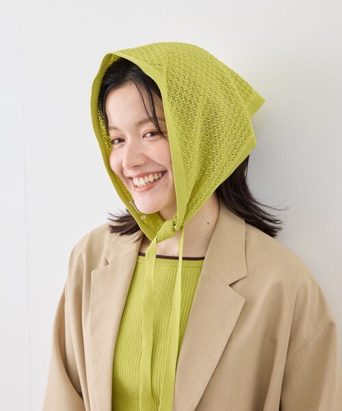 ROPE' PICNIC(ロペピクニック)の「シャーベットニット 透かし編みニットスカーフ/UVケア(バンダナ/スカーフ・レディース・オフホワイト/ダークブラウン/キミドリ・F)」の4枚目の写真