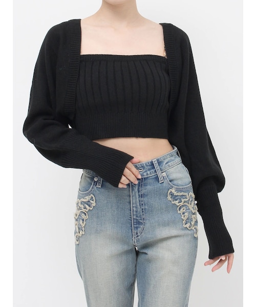 EVRIS（エヴリス）の「ビジューアンサンブルニットトップス（カーディガン/ボレロ・レディース・ブラック/レッド/ブルー・F）」の4枚目の写真