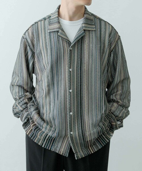 ITEMS URBANRESEARCH(アイテムズ アーバンリサーチ)の「マルチストライプレースオープンカラーシャツ(シャツ/ブラウス・メンズ・BLK/BLU/GRN/ORG・M/L)」の4枚目の写真
