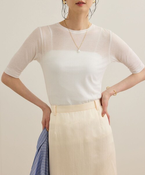 ROPE'(ロペ)の「シアーフライス5分袖プルオーバー(Tシャツ/カットソー・レディース・ブラック/ホワイト・F)」の1枚目の写真